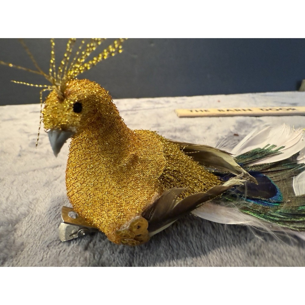Vintage Gold Pinkish Peacock Real Feathers Clip On Christmas holiday ornament - Picture 9 of 11